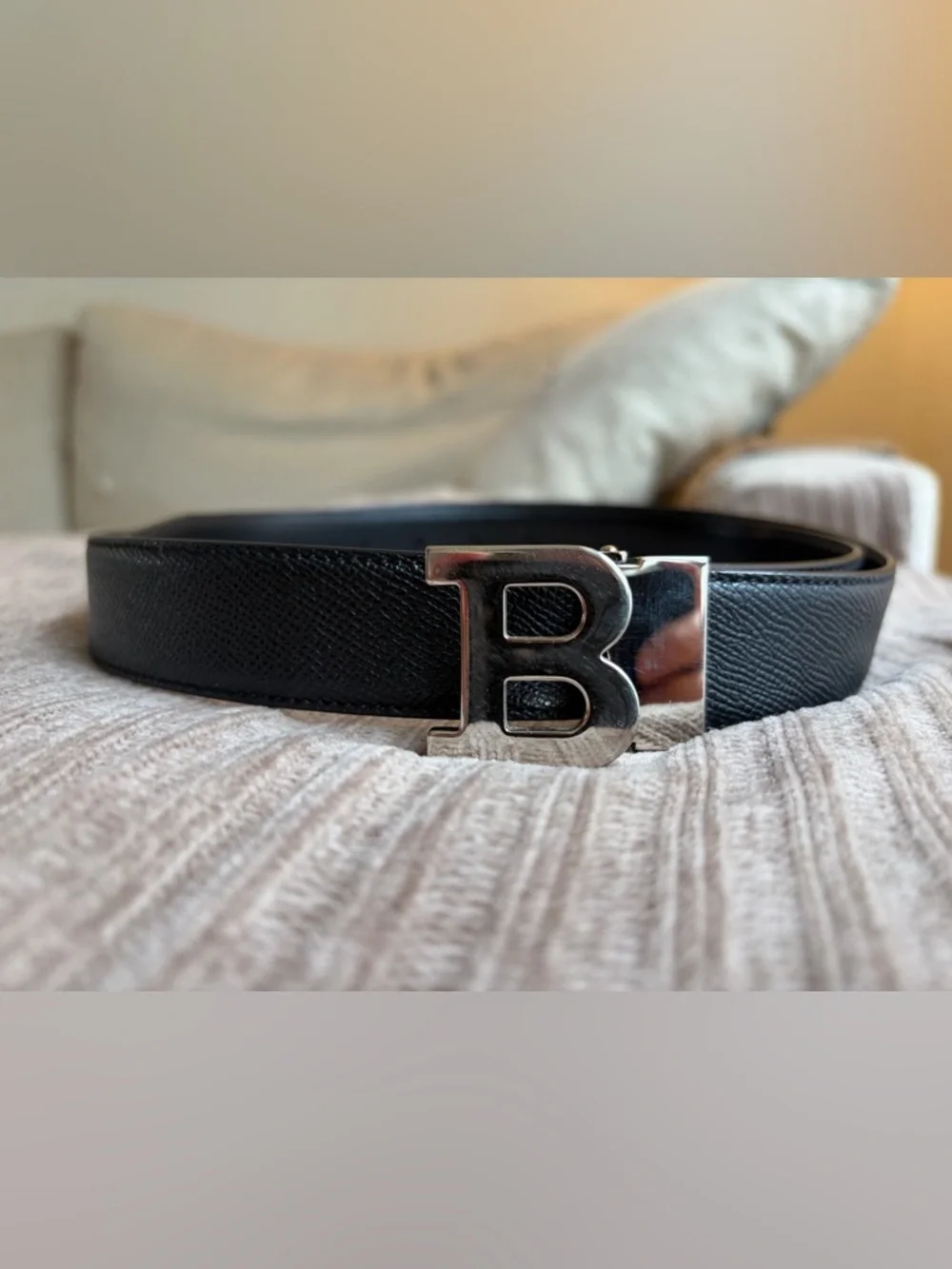 Bally Black Leather Men's Reversible Belt with Silver 'B' Buckle